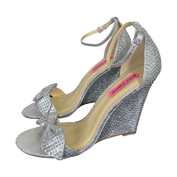 Betsey Johnson Shoes - Betsey Johnson Delancyy Wedge Evening Sandals 9.5 Silver Rhinestone Bow Open Toe